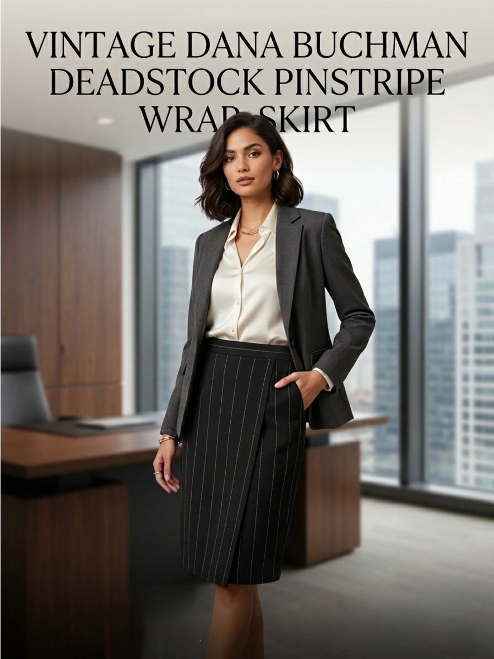 Dana Buchman Vintage NWT Wool Pinstripe Wrap Pencil Skirt Dark Academia Bosscore